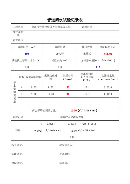 管道闭水试验记录表(自动计算)