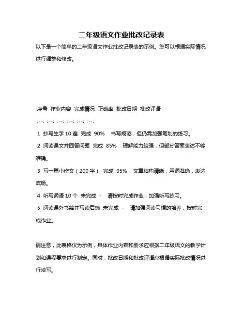 二年级语文作业批改记录表