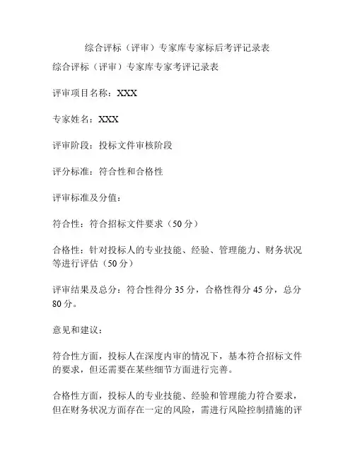 综合评标(评审)专家库专家标后考评记录表