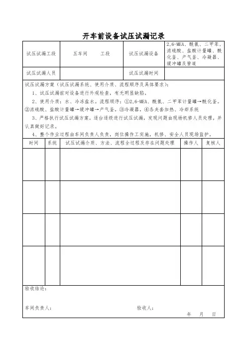 开车前设备试压试漏记录