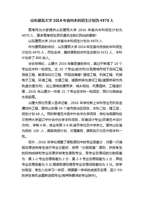 山东建筑大学2016年省内本科招生计划为4970人