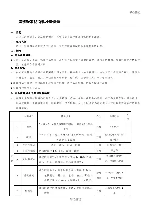 家纺面料检验标准