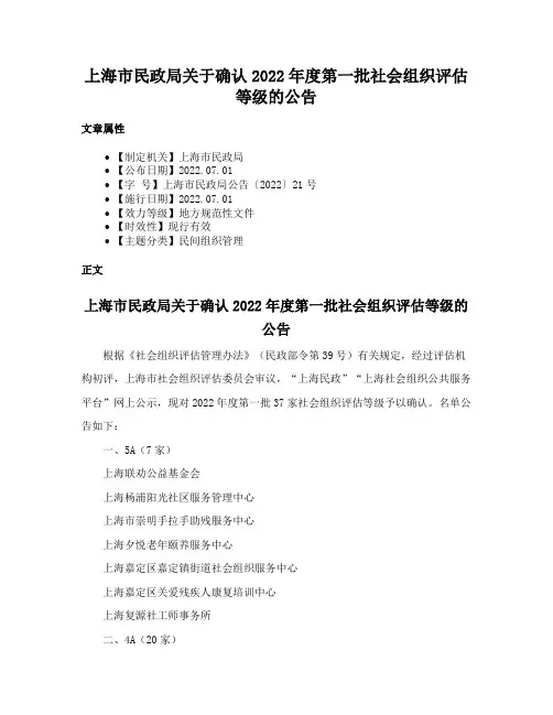 上海市民政局关于确认2022年度第一批社会组织评估等级的公告