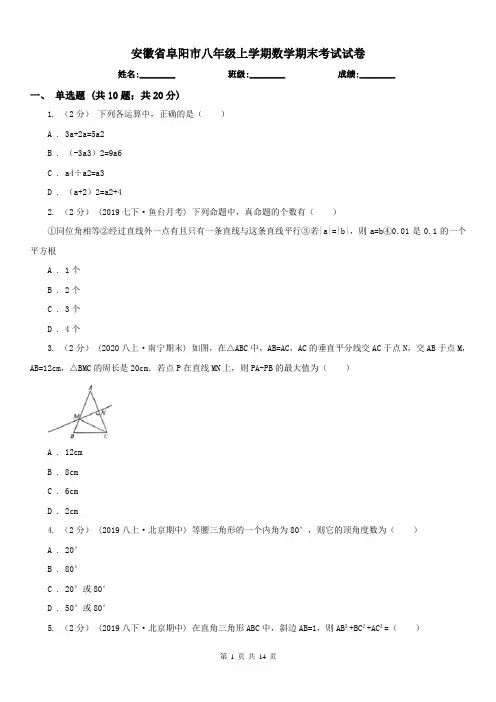 安徽省阜阳市八年级上学期数学期末考试试卷