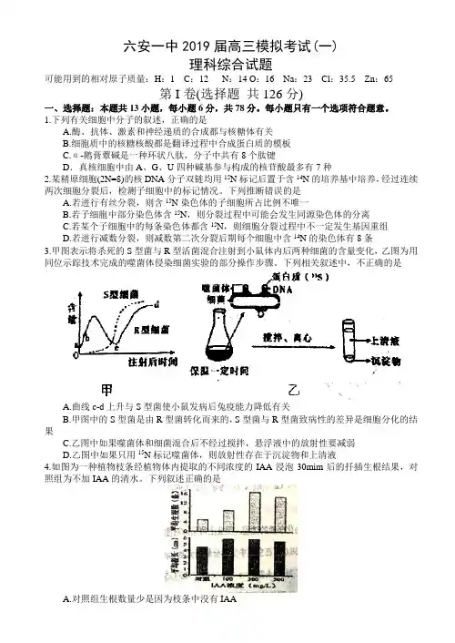 安徽省六安市第一中学2019届高三高考模拟试卷(一)理科综合试题