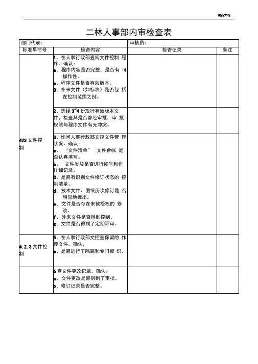 人事行政部内审检查表