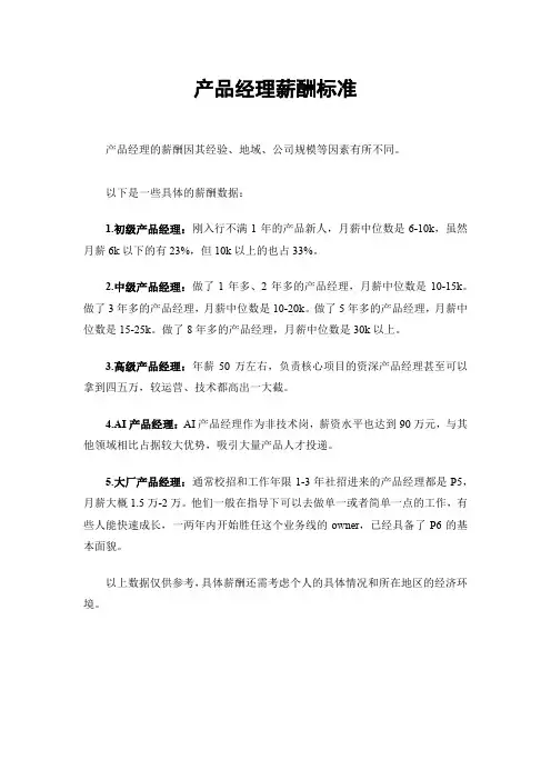 产品经理薪酬标准