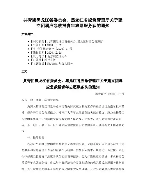 共青团黑龙江省委员会、黑龙江省应急管理厅关于建立团属应急救援青年志愿服务队的通知