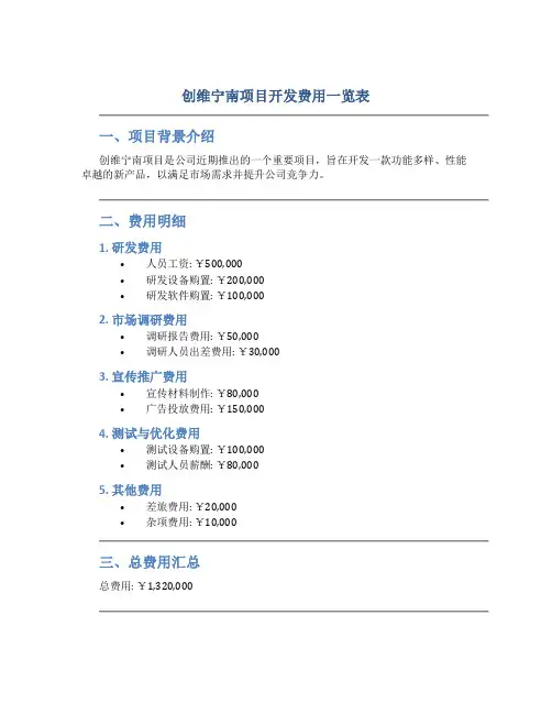 创维宁南项目开发费用一览表