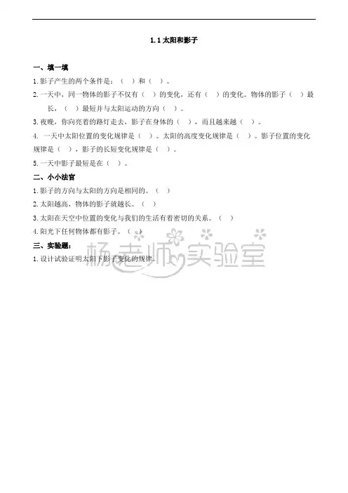 苏教版五上科学第一单元白天和黑夜单元练习