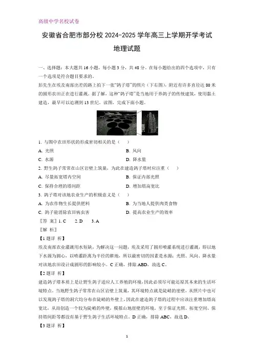 安徽省合肥市部分校2024-2025学年高三上学期开学考试地理试题(解析版)