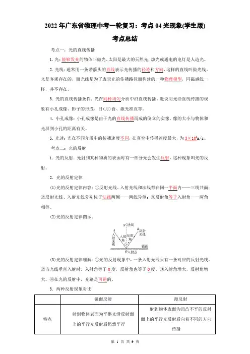 2022年广东省物理中考一轮复习：考点04光现象(学生版)