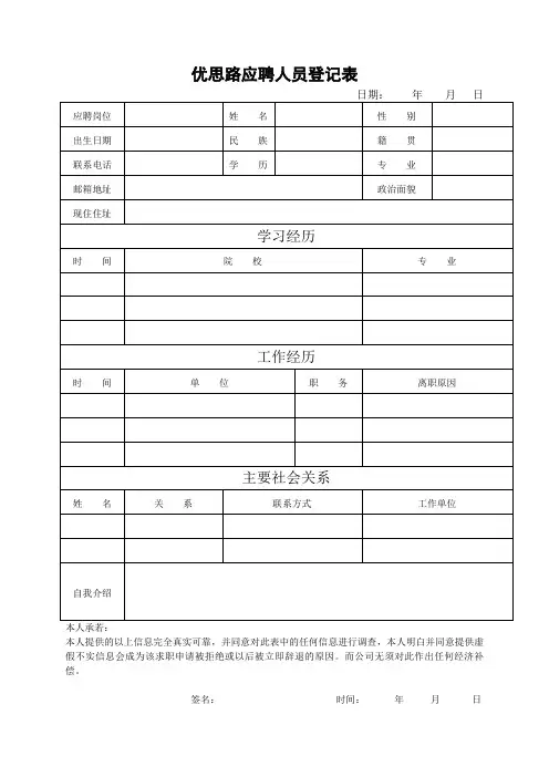 简洁实用应聘人员登记表