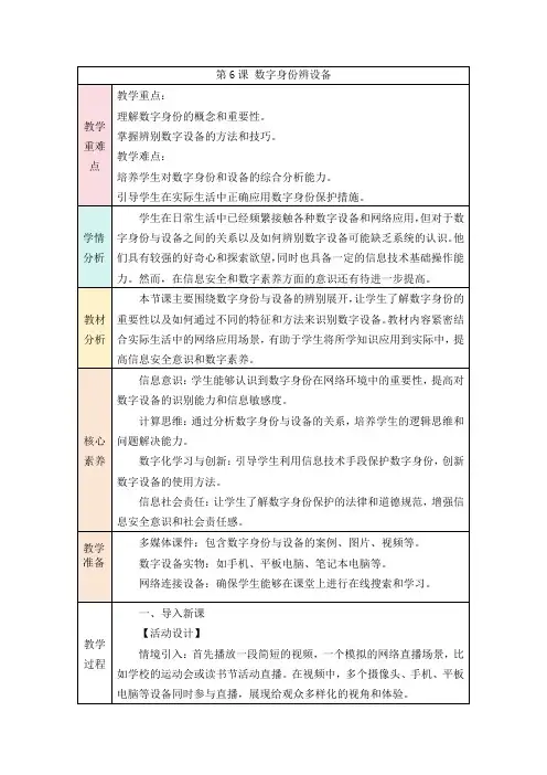第6课《数字身份辨设备》 教案 2024—2025学年人教版(2024)初中信息技术七年级全一册