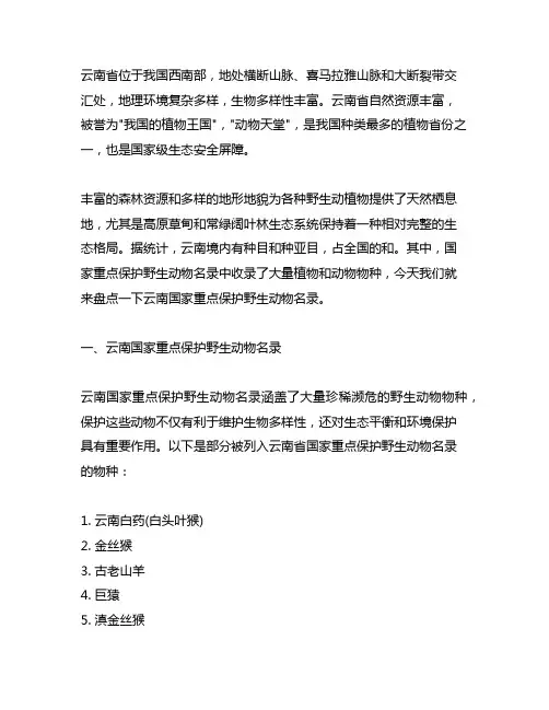 云南国家重点保护野生动物名录