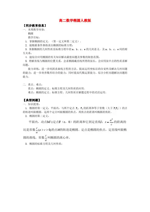 高二数学椭圆人教版教学教案