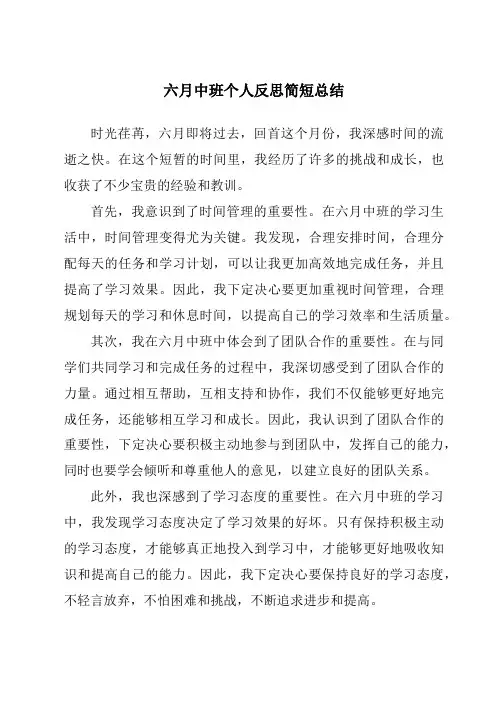 六月中班个人反思简短总结