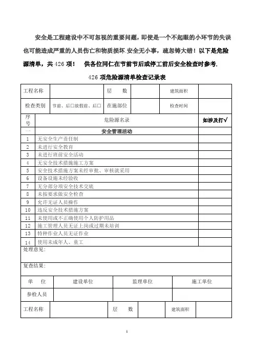 安全管理活动检查记录表(节前后检查)