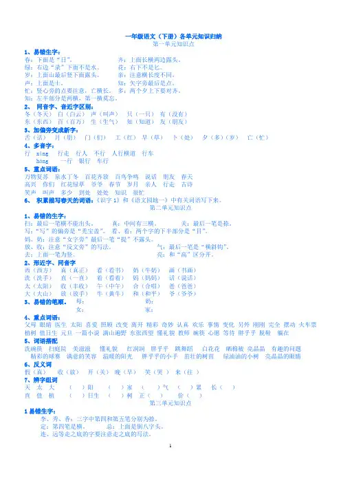 (最新整理)人教版一年级语文(下册)各单元知识归纳