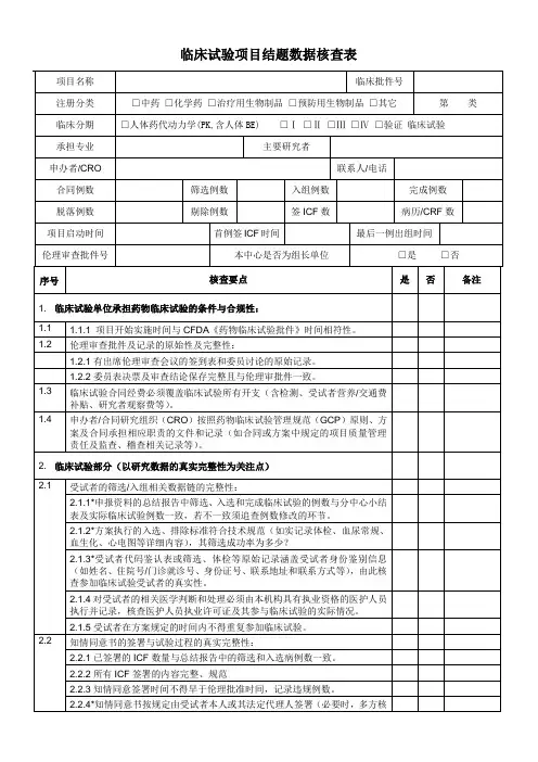 临床试验项目结题数据核查表