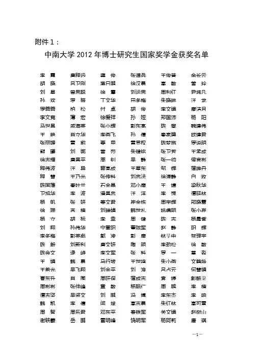 国家奖学金获奖名单