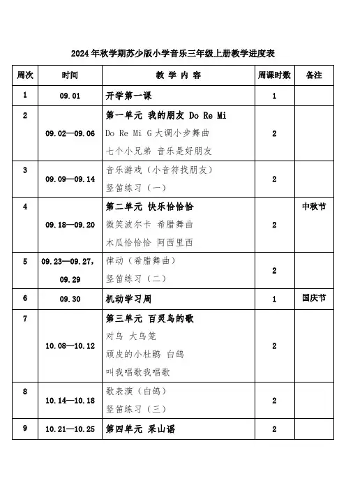 2024年秋学期苏少版小学音乐三年级上册教学进度表