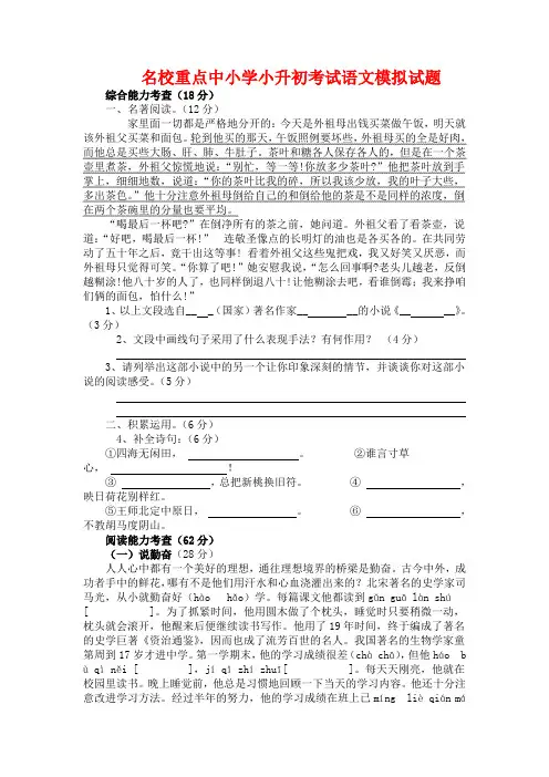 广东省佛山市乐平镇南边小学小学语文六年级小升初模拟试卷详细答案(共5套)
