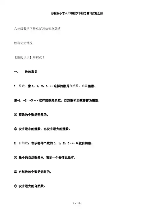 【精品】苏教版小学六年级数学下册总复习试题全册