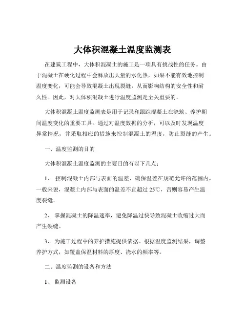 大体积混凝土温度监测表