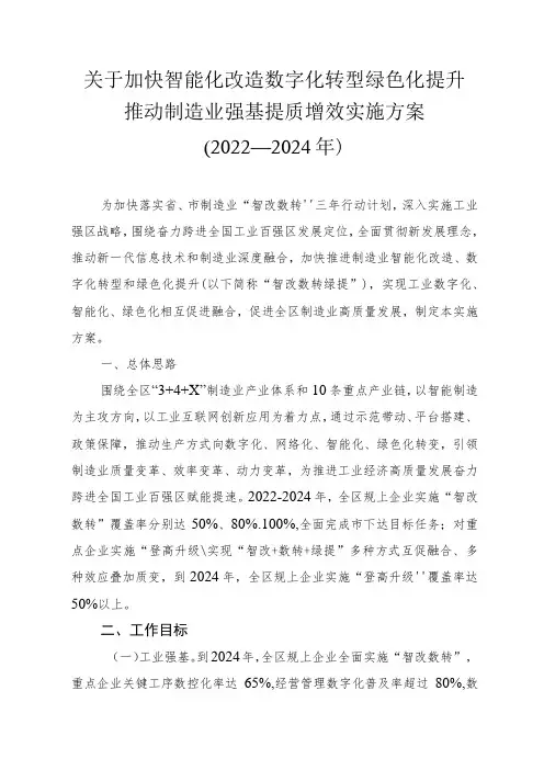 关于加快智能化改造数字化转型绿色化提升推动制造业强基提质增效实施方案(2022—2024年)