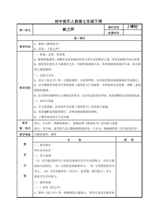 人教版七年级音乐下册全册表格教案(教学设计)