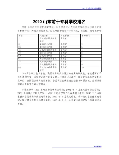 2020山东前十专科学校排名