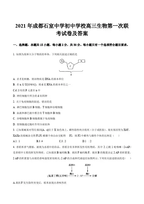 2021年成都石室中学初中学校高三生物第一次联考试卷及答案