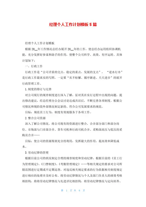 经理个人工作计划模板5篇
