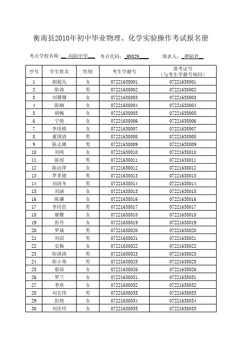九年级物理、化学实验操作考试报名册