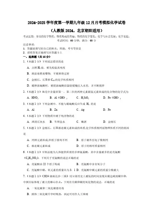 北京市朝阳区2024--2025学年九年级上学期12月月考模拟考试化学试卷(含解析)