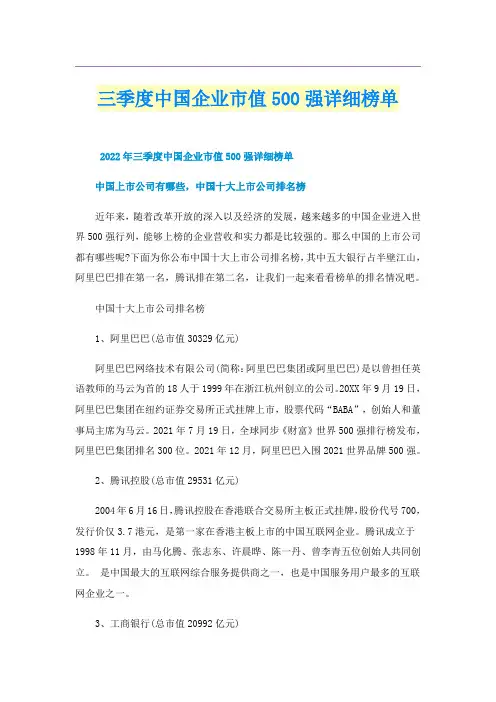三季度中国企业市值500强详细榜单