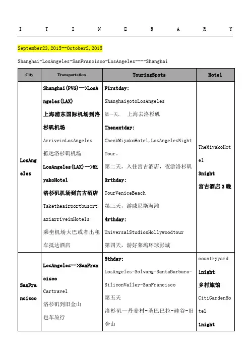 赴美国旅行英文行程单天