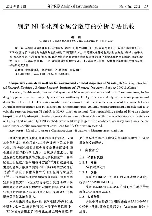 测定Ni催化剂金属分散度的分析方法比较