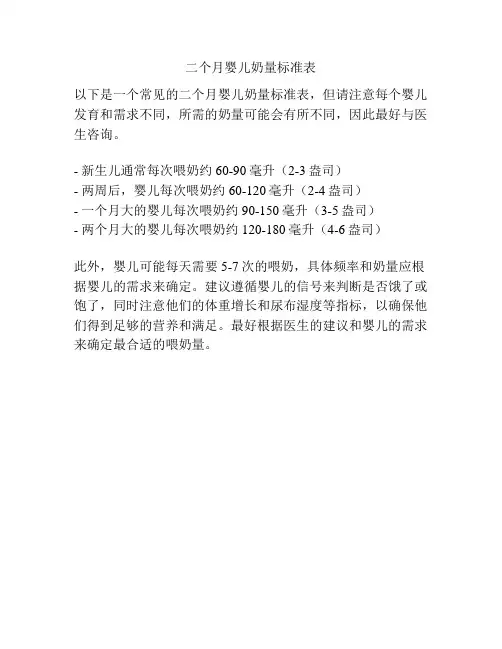 二个月婴儿奶量标准表