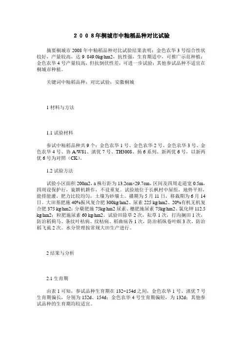 2008年桐城市中籼稻品种对比试验