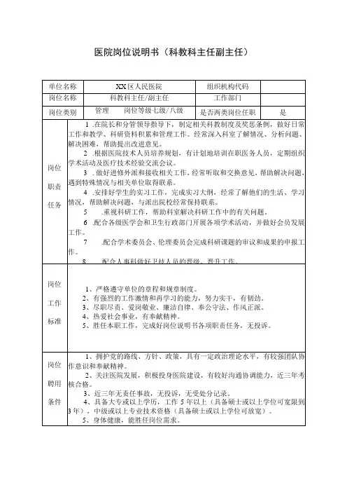 医院岗位说明书(科教科主任副主任)