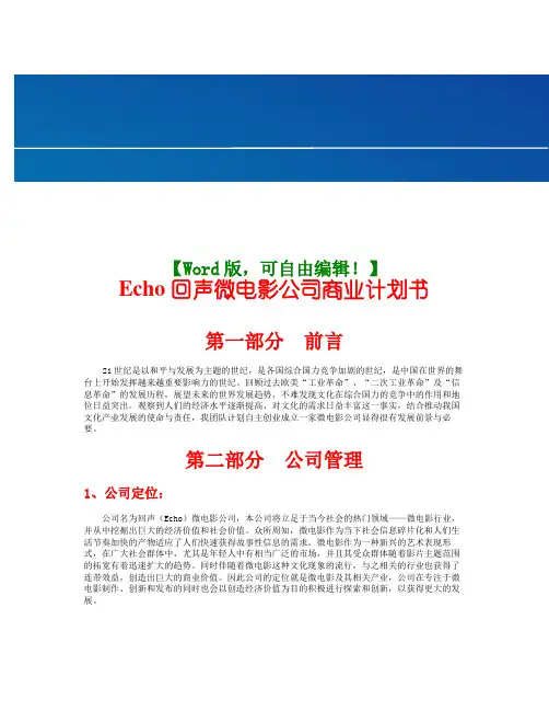 Echo回声电影公司商业计划书经典商业计划书