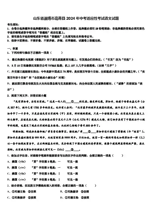 山东省淄博市高青县2024年中考适应性考试语文试题含解析