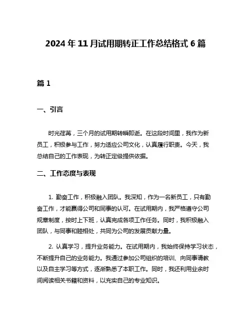 2024年11月试用期转正工作总结格式6篇