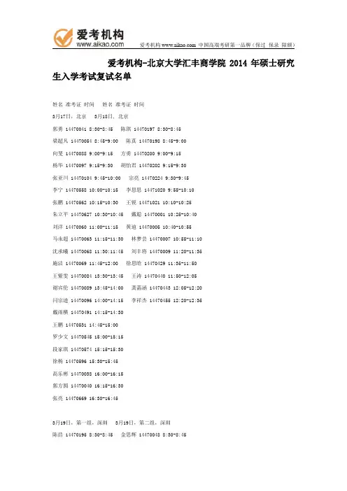 北大汇丰商学院2014年硕士研究生入学考试复试名单