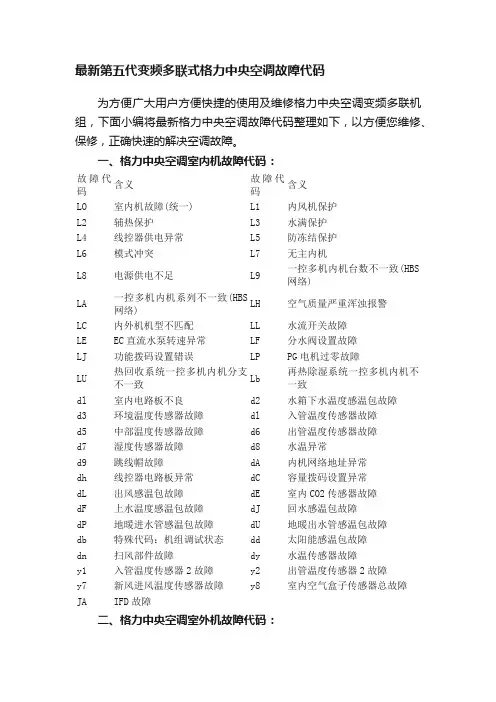 最新第五代变频多联式格力中央空调故障代码
