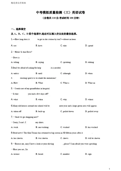中考三模英语试题(原卷版)