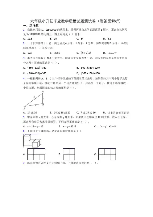 六年级小升初毕业数学质量试题测试卷(附答案解析)