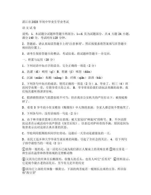 2023年湛江中考语文试题及参考答案